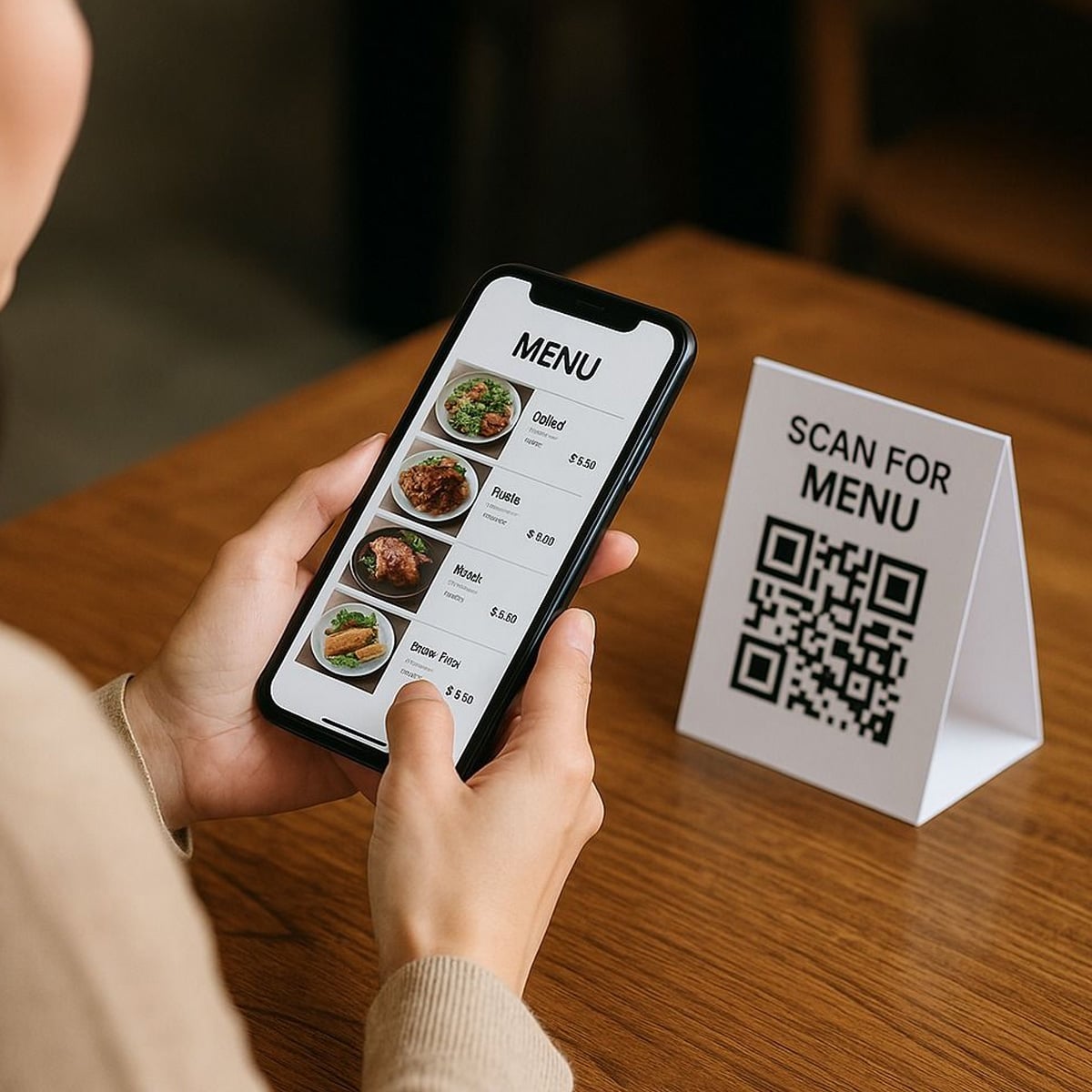A person holds a smartphone displaying a digital menu with food photos and prices, while sitting at a table with a card showing a QR code labeled "Scan for Menu.