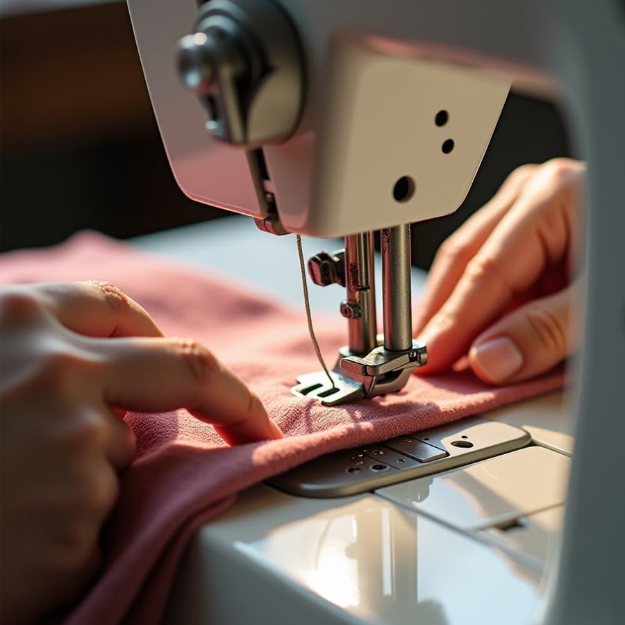 Close-up of hands guiding pink fabric under the needle of a sewing machine, focusing on precise stitching and detailed sewing work.