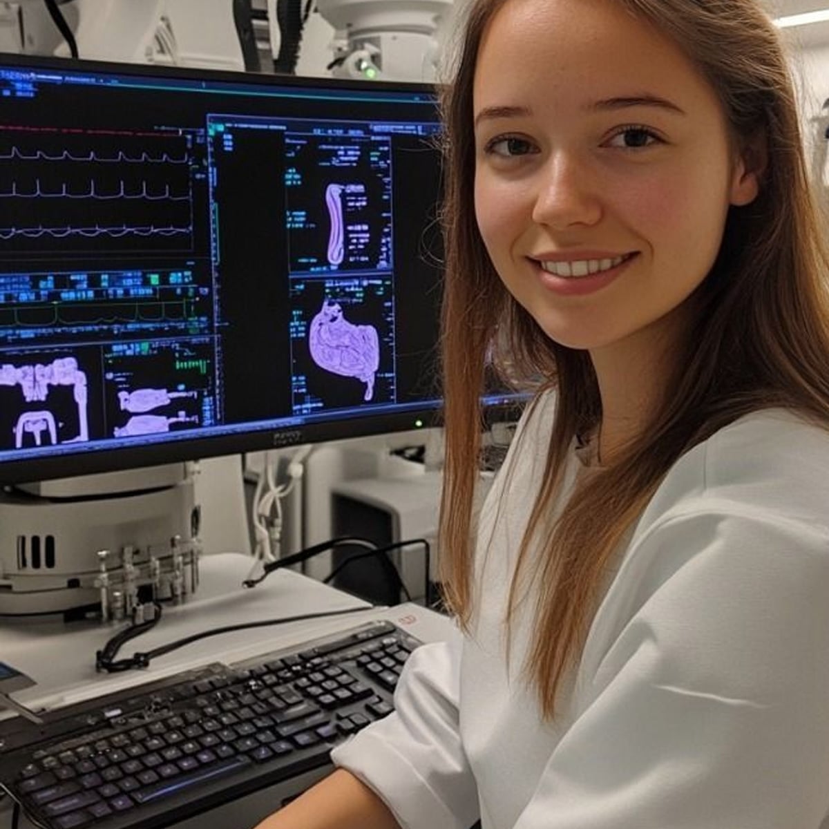 A young woman in a lab coat smiles while sitting at a desk with a keyboard, in front of monitors displaying medical scans and charts, likely in a laboratory or medical setting.