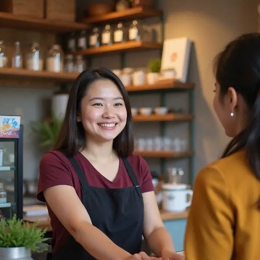 A smiling barista in a maroon shirt and black apron stands behind the counter, engaging warmly with a customer in a yellow jacket inside a cozy café with wooden shelves and glass jars.