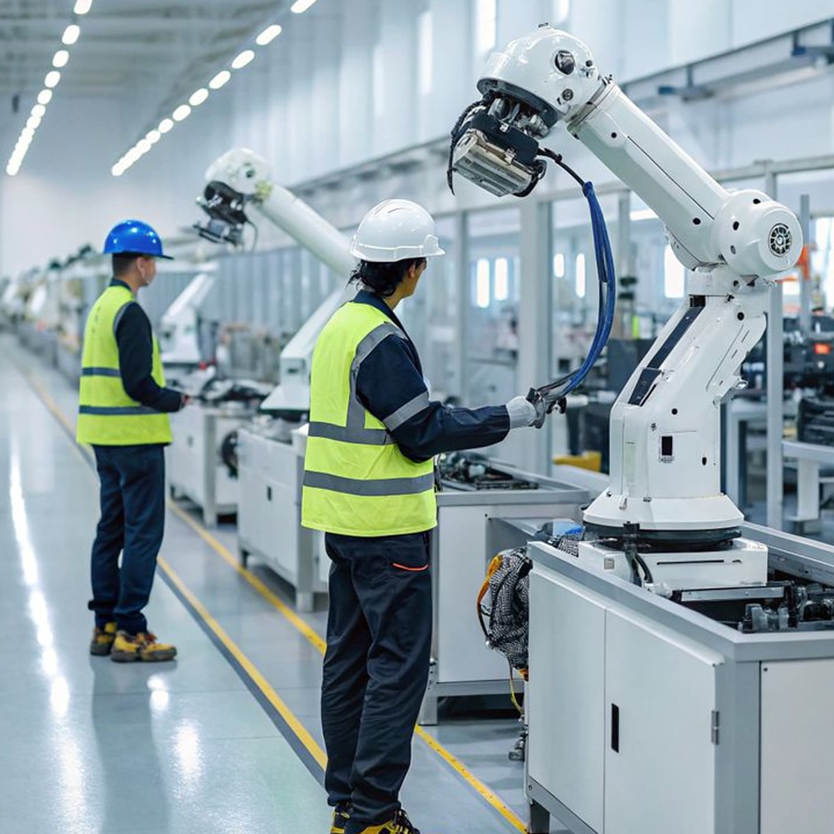 Workers in safety vests and helmets monitor robotic arms operating along an assembly line in a brightly lit, modern factory setting.