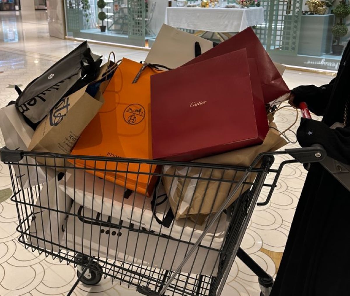 A shopping cart filled with multiple luxury brand shopping bags, including Cartier and Hermès, inside a high-end mall. The floor is tiled, and store displays are visible in the background.
