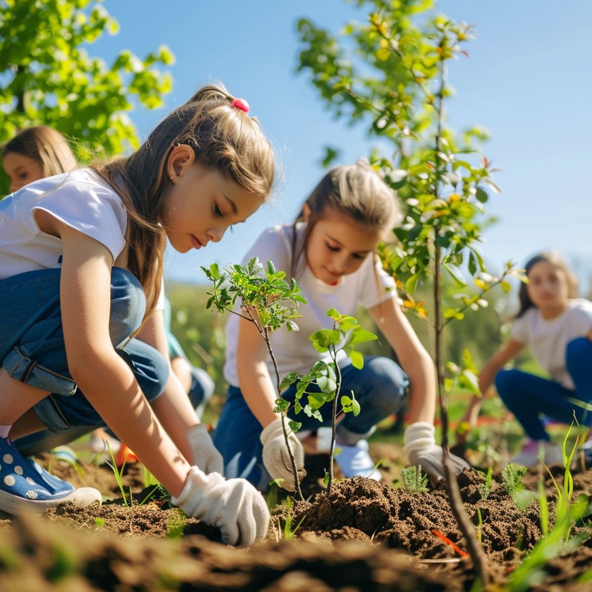 Children wearing gloves and casual clothes are planting small trees in a sunny outdoor garden, surrounded by greenery. They are focused on their gardening activity, working together in a natural, bright environment.