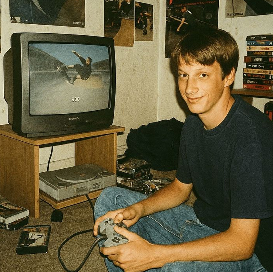 A young person in a dark t-shirt and jeans sits on the floor playing a skateboarding video game on a CRT TV with a PlayStation console, surrounded by game cases and VHS tapes in a bedroom decorated with posters.