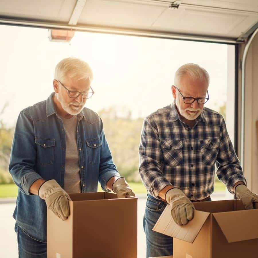 Two older men with gray hair and beards, wearing glasses, gloves, and casual shirts, pack cardboard boxes together in a sunny garage with the door open.