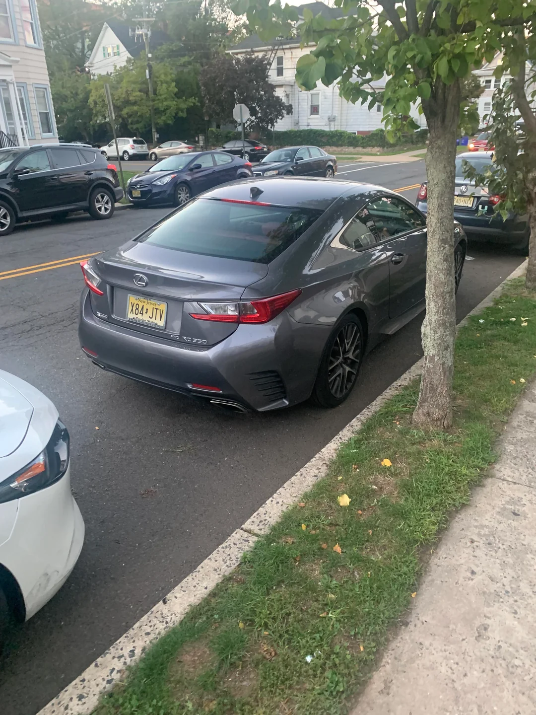 A gray Lexus car with a New Jersey license plate is parked on a street next to a tree and a sidewalk, with other cars and houses visible in the background.