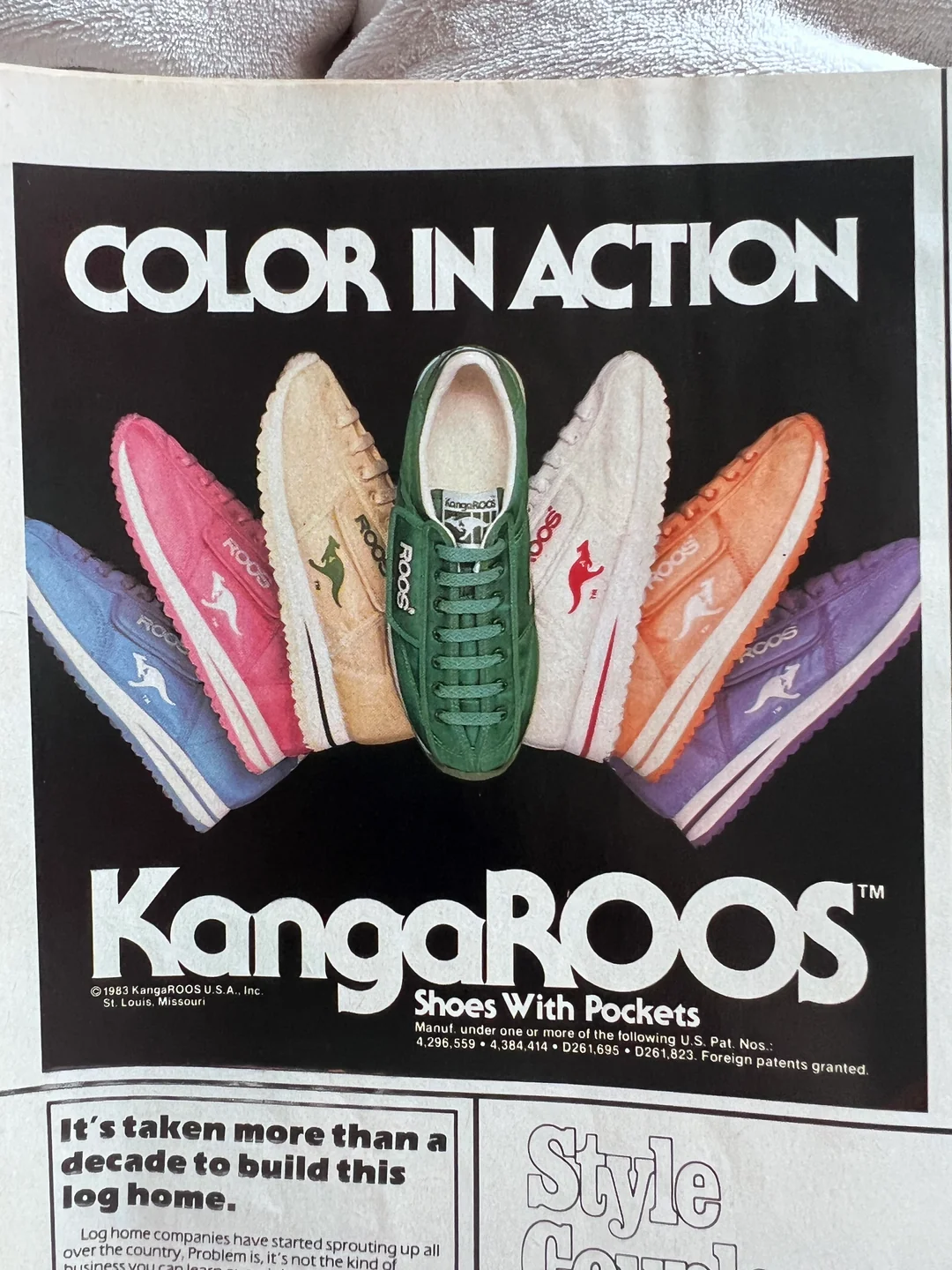 A vintage advertisement shows six pairs of KangaROOS sneakers in various colors arranged in a fan shape on a black background, with “COLOR IN ACTION” written above and “KangaROOS Shoes With Pockets” below.