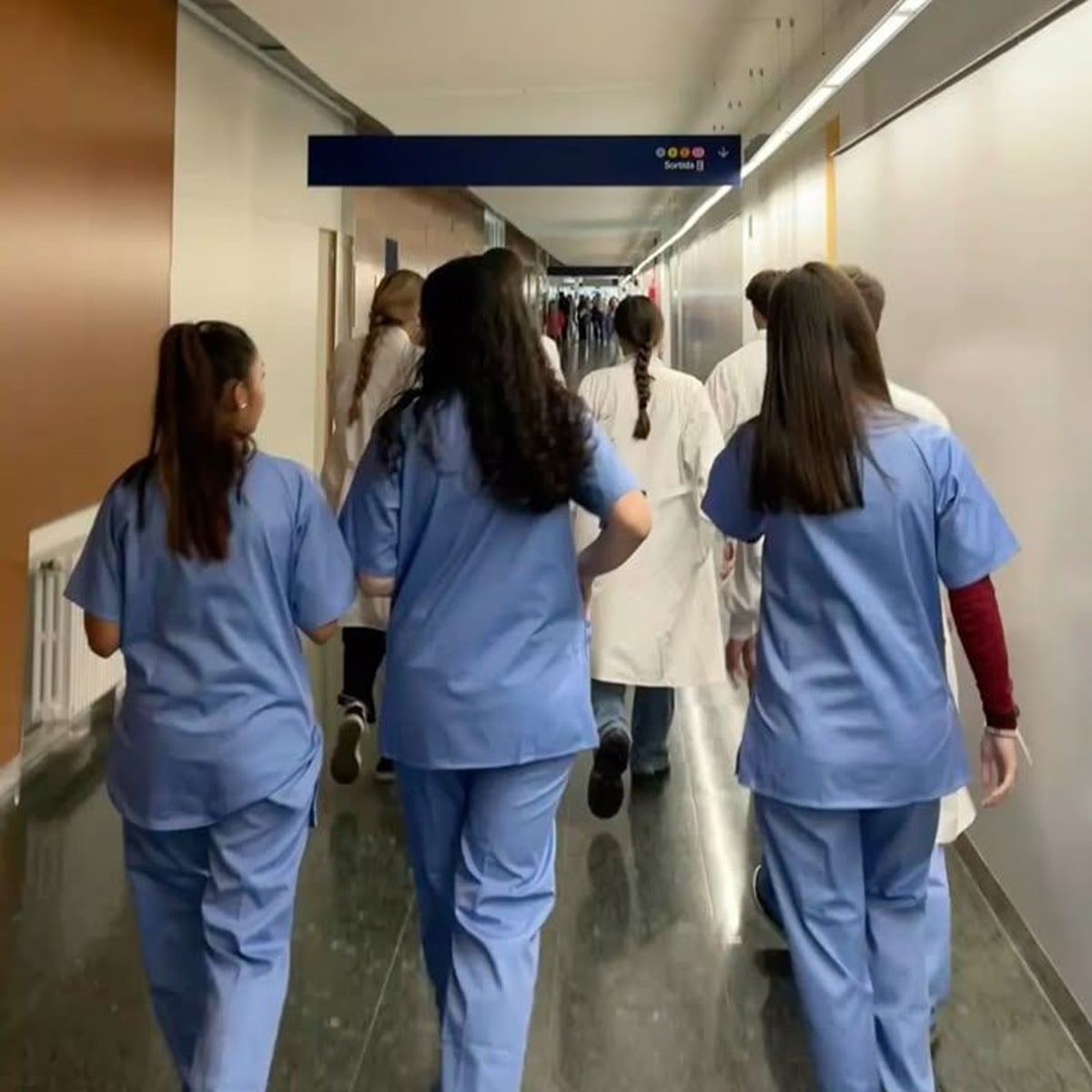 A group of people wearing blue medical scrubs and white lab coats walk down a hallway in a hospital or medical facility. The image is taken from behind as they head toward the end of the corridor.
