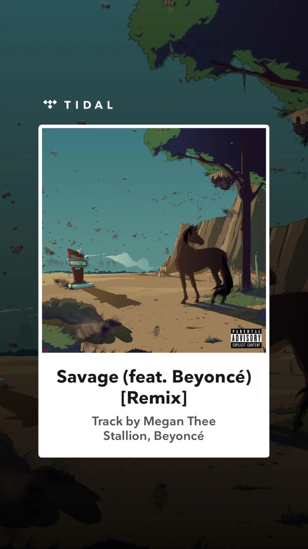 An illustrated cover shows a horse standing on a dirt path near a signpost that reads "Houston," by water and cliffs under a blue sky. The track "Savage (feat. Beyoncé) [Remix]" by Megan Thee Stallion is displayed.