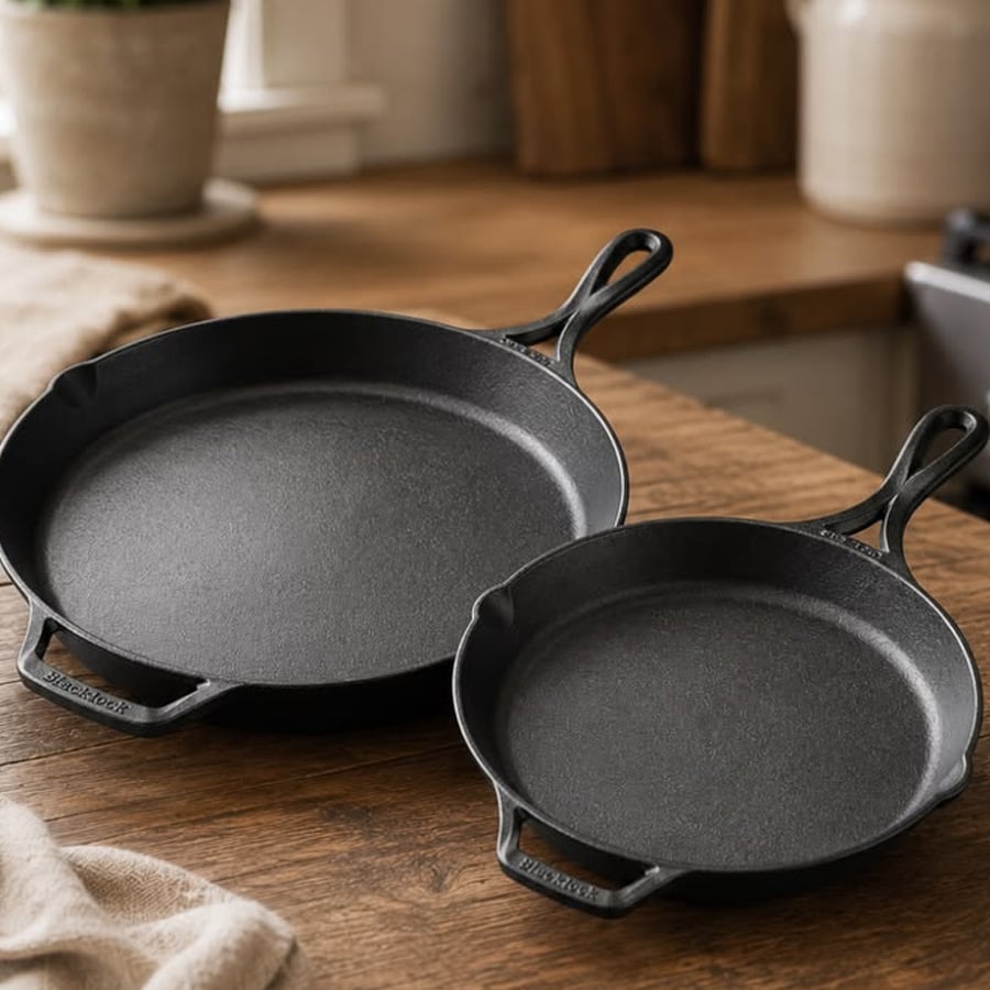 Two black cast iron skillets of different sizes sit on a wooden kitchen countertop, with natural light coming from a nearby window and kitchen items in the background.