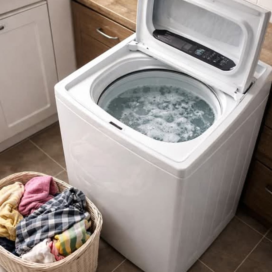 A top-loading washing machine with the lid open is running with water inside. A laundry basket full of assorted colorful clothes sits on the floor nearby in a laundry room.