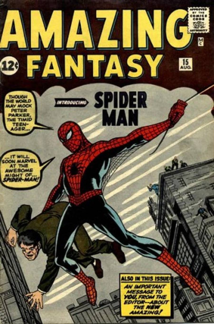 Comic book cover of "Amazing Fantasy" No. 15 with Spider-Man swinging on a web while holding a man. The title reads "Introducing Spider Man" and the price is 12¢. City buildings are shown in the background.