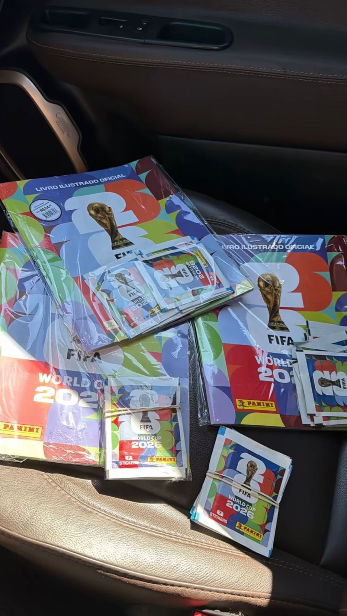 Several FIFA World Cup 2022 Panini sticker albums and packets of stickers are displayed on a car seat. The album covers feature colorful designs and the World Cup trophy.