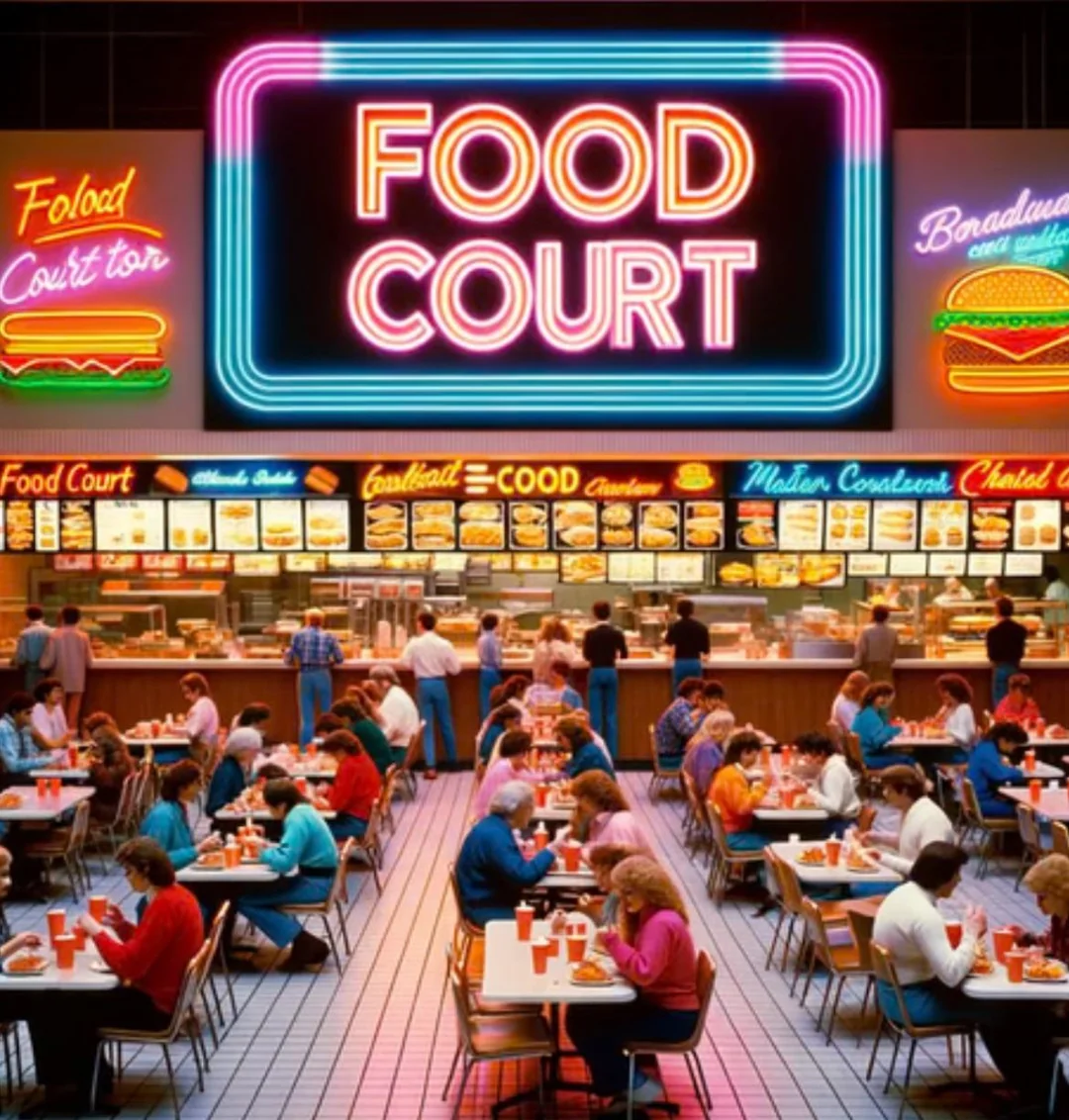 A busy food court with people eating at tables, a large neon "FOOD COURT" sign overhead, and various fast-food counters in the background displaying colorful menu boards.