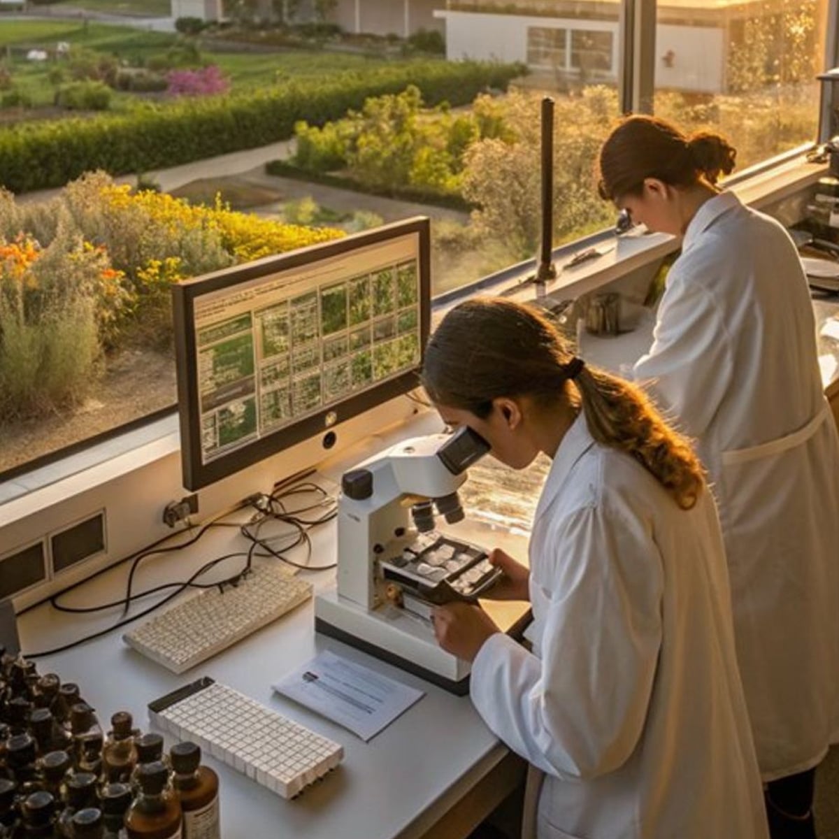 Two scientists in white lab coats work at a laboratory bench near a large window; one uses a microscope, while the other writes notes. The window overlooks a green garden outside.