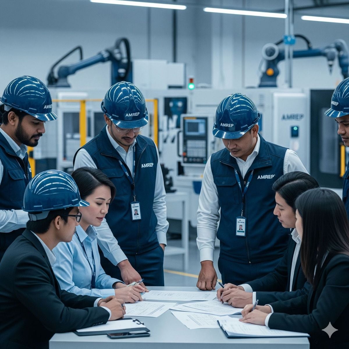 A group of engineers and professionals in safety helmets and vests gather around a table, reviewing documents and plans in an industrial facility with machinery in the background.