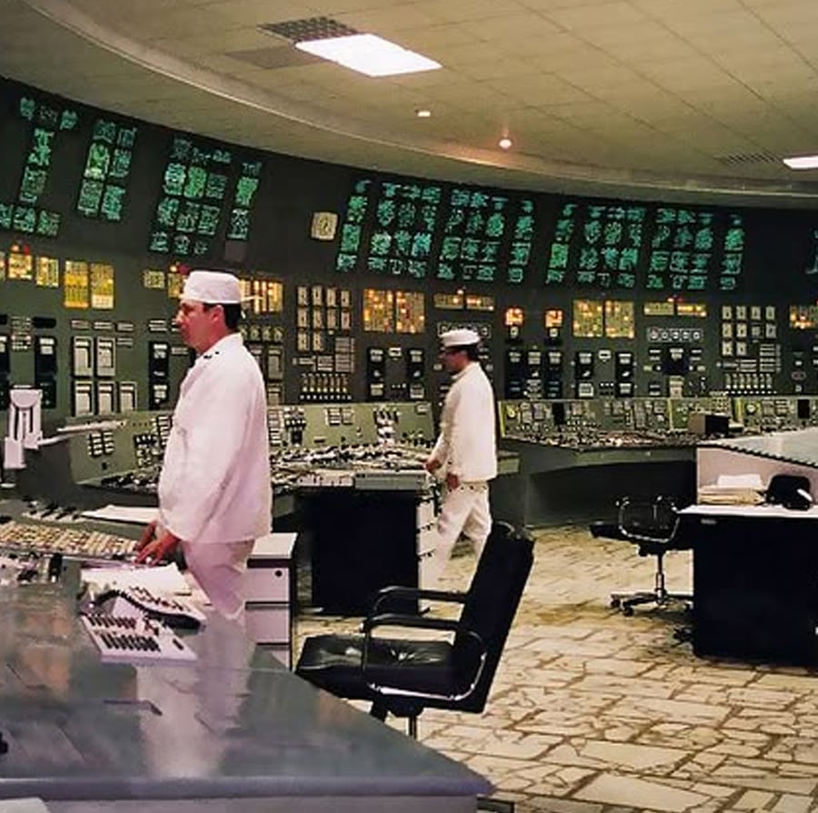 Two people in white uniforms stand at control panels inside a large control room filled with numerous buttons, screens, and illuminated displays. The room has a curved wall lined with equipment.