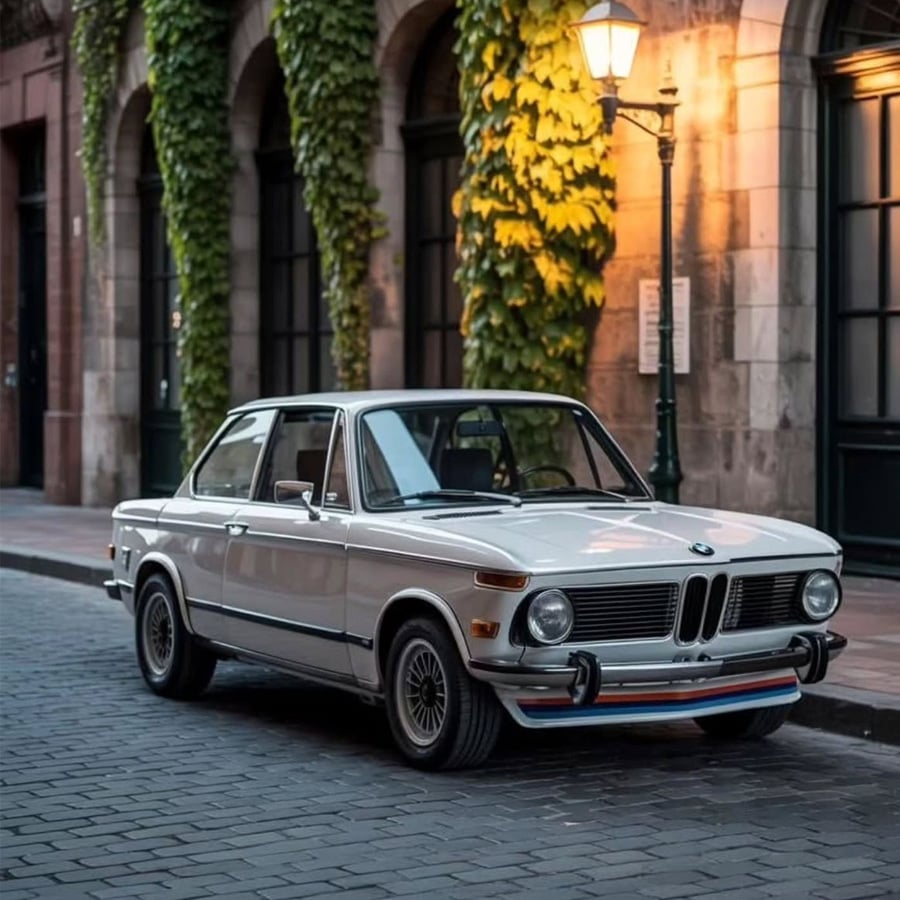A classic white BMW car is parked on a cobblestone street beside an ivy-covered brick building and a vintage streetlamp, with warm evening light in the scene.