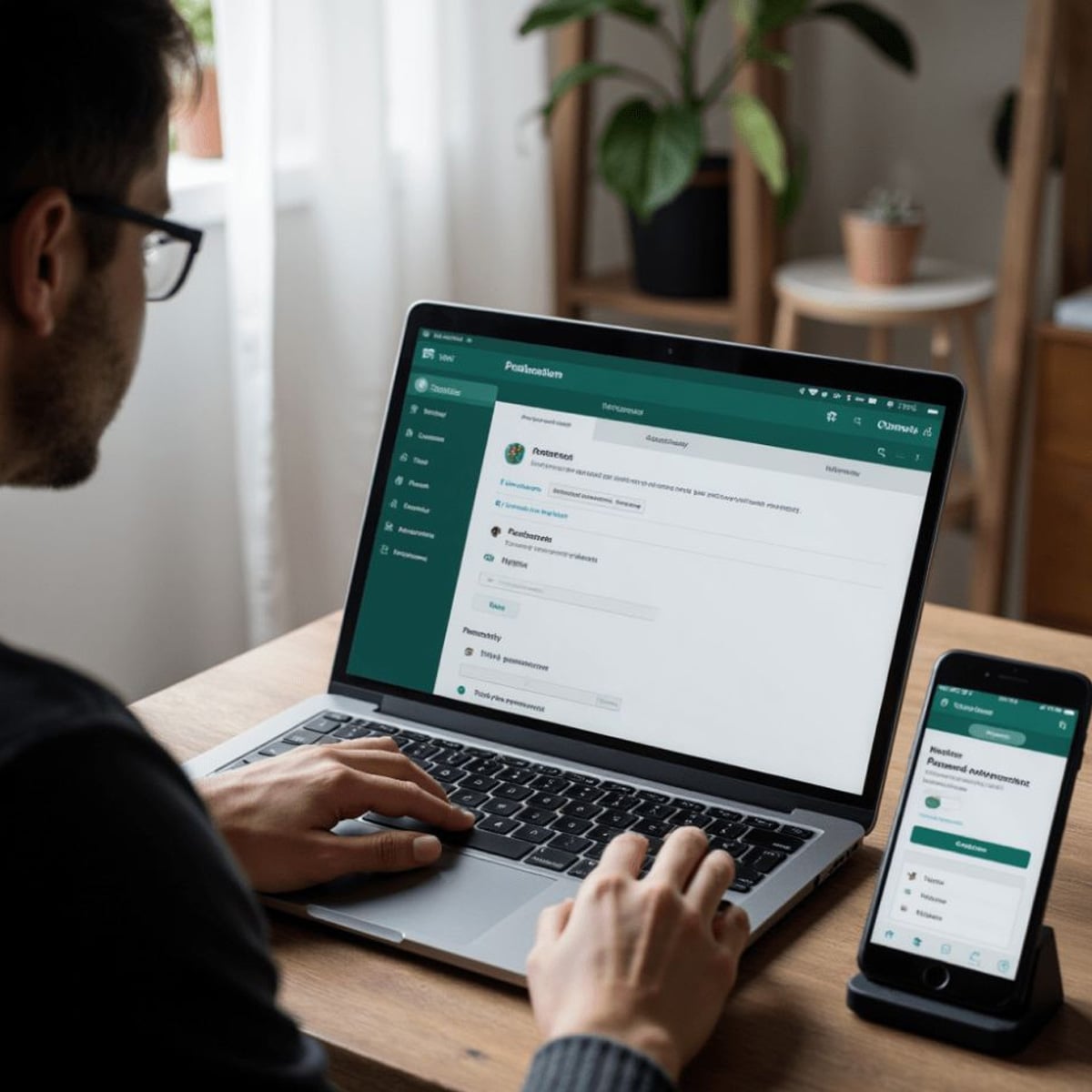 A person sits at a wooden desk using a laptop and smartphone, both displaying the same green and white web application. A plant and window are in the background, creating a cozy workspace.