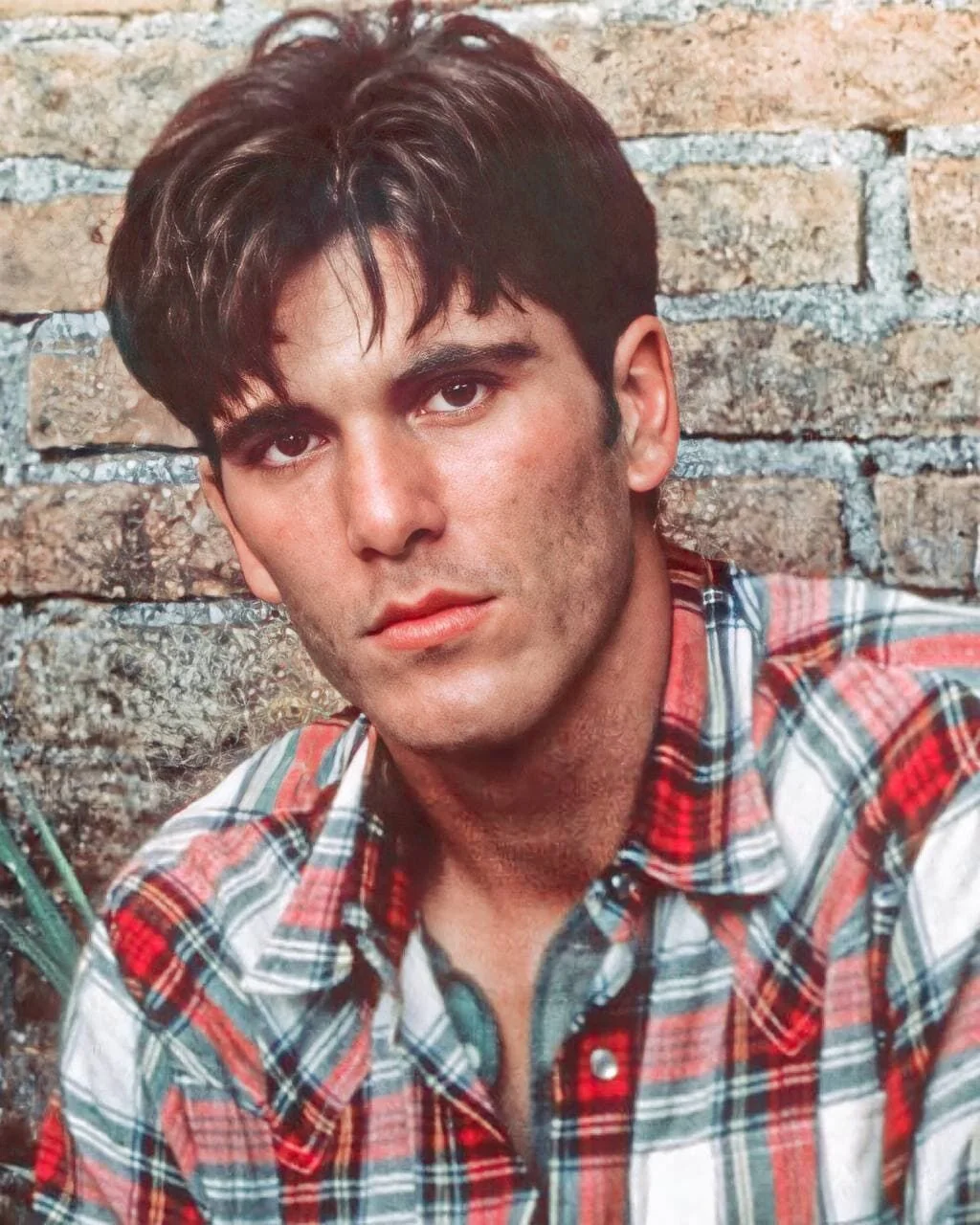 A young man with dark hair and a serious expression wears a red and gray plaid shirt, sitting in front of a rustic brick wall.