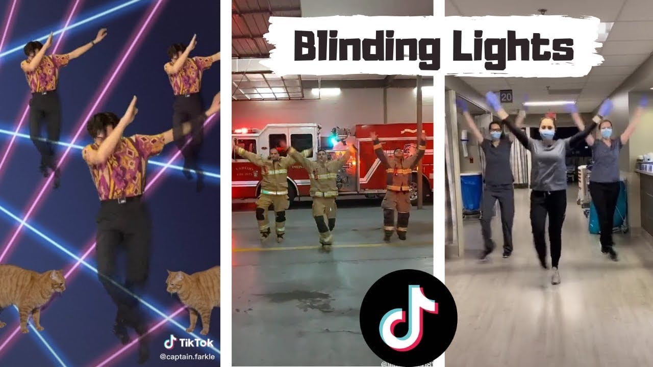 Three TikTok dance videos side by side: a person in a retro shirt dances with cats on a neon background; two firefighters dance in a garage; three people in scrubs and masks dance in a hallway. Text reads "Blinding Lights.