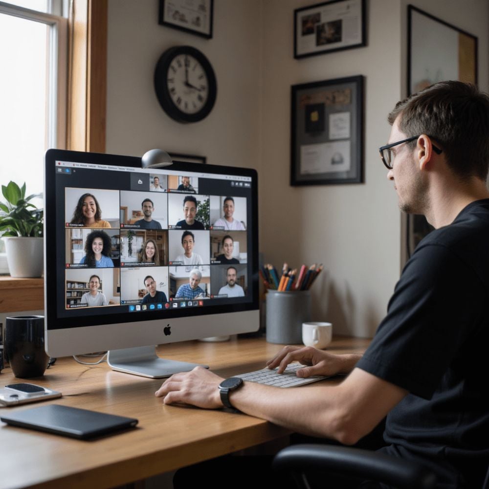 A man sits at a desk in a home office, participating in a video conference with twelve people displayed on his computer screen. The room has a window, framed pictures on the wall, and office supplies on the desk.