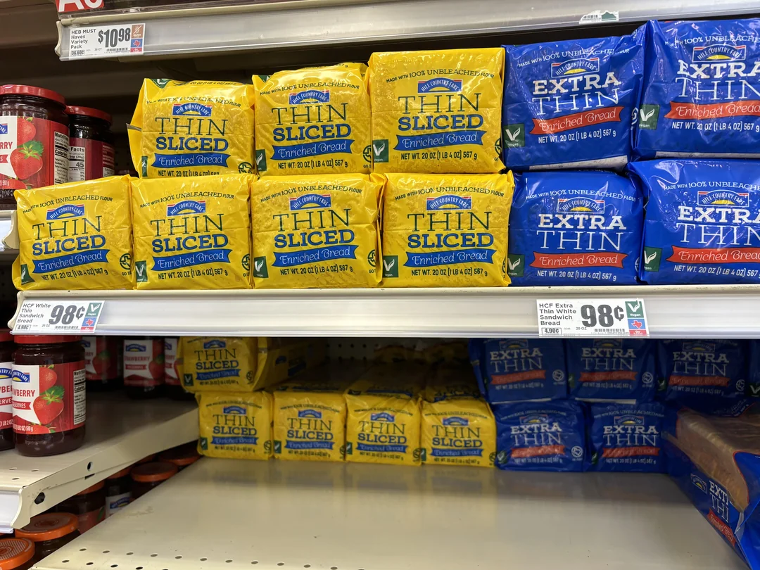 Packages of Wonder Bread, labeled “Thin Sliced” in yellow and “Extra Thin” in blue, are stacked on a grocery store shelf with price tags below showing 98 cents each. Jars of jam are visible to the left.