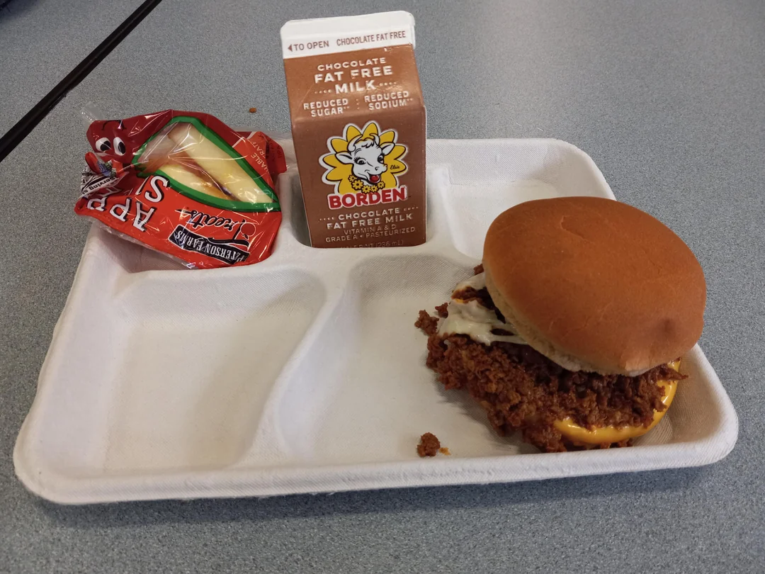 A school lunch tray with a sloppy joe sandwich, a carton of Borden chocolate milk, and a sealed bag of sliced apples on a gray table.