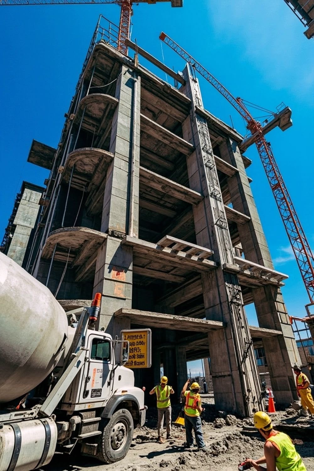Several construction workers in safety gear work near a concrete mixer truck in front of a tall, partially built concrete building with cranes overhead against a blue sky.