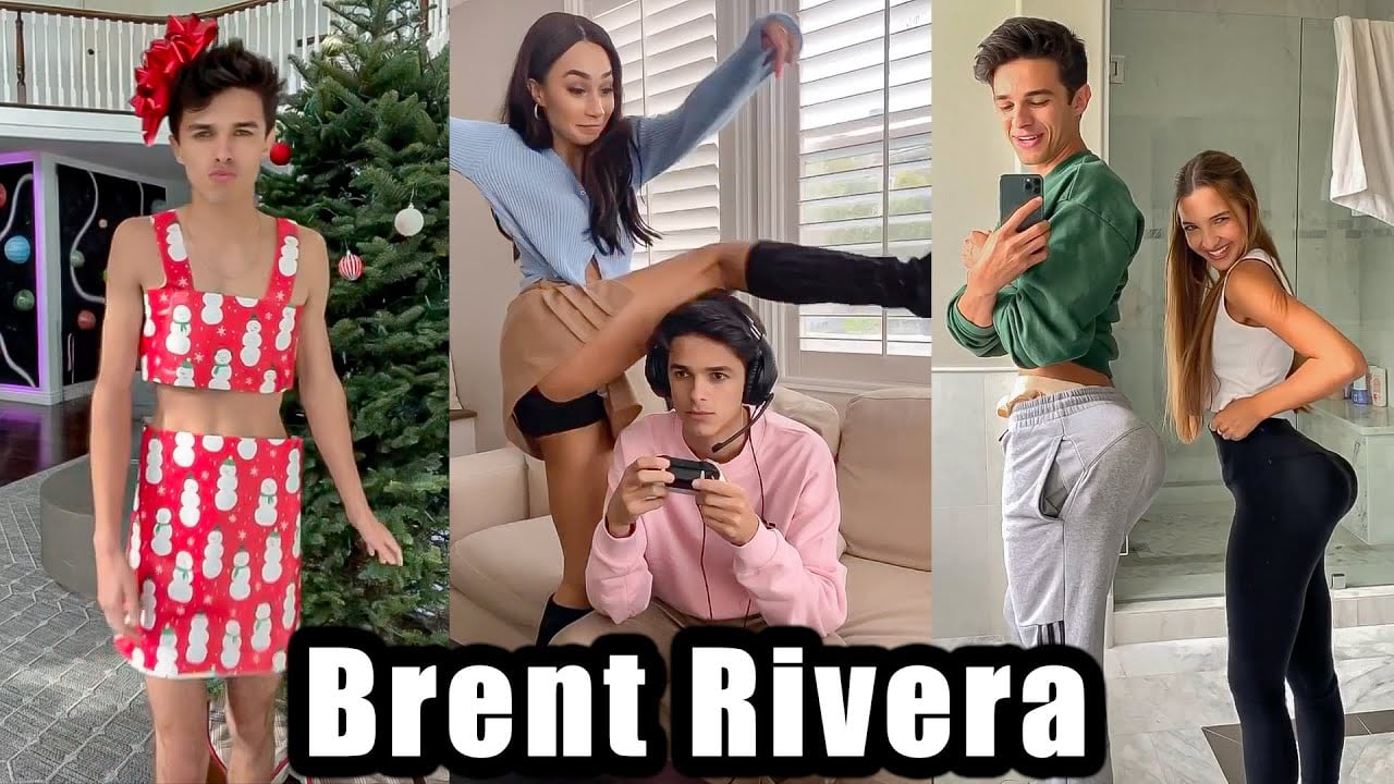 Three photos of Brent Rivera: left, wearing a holiday-themed crop top and skirt by a Christmas tree; center, sitting gaming as a woman playfully steps over him; right, posing with a woman in front of a mirror. Text reads "Brent Rivera.