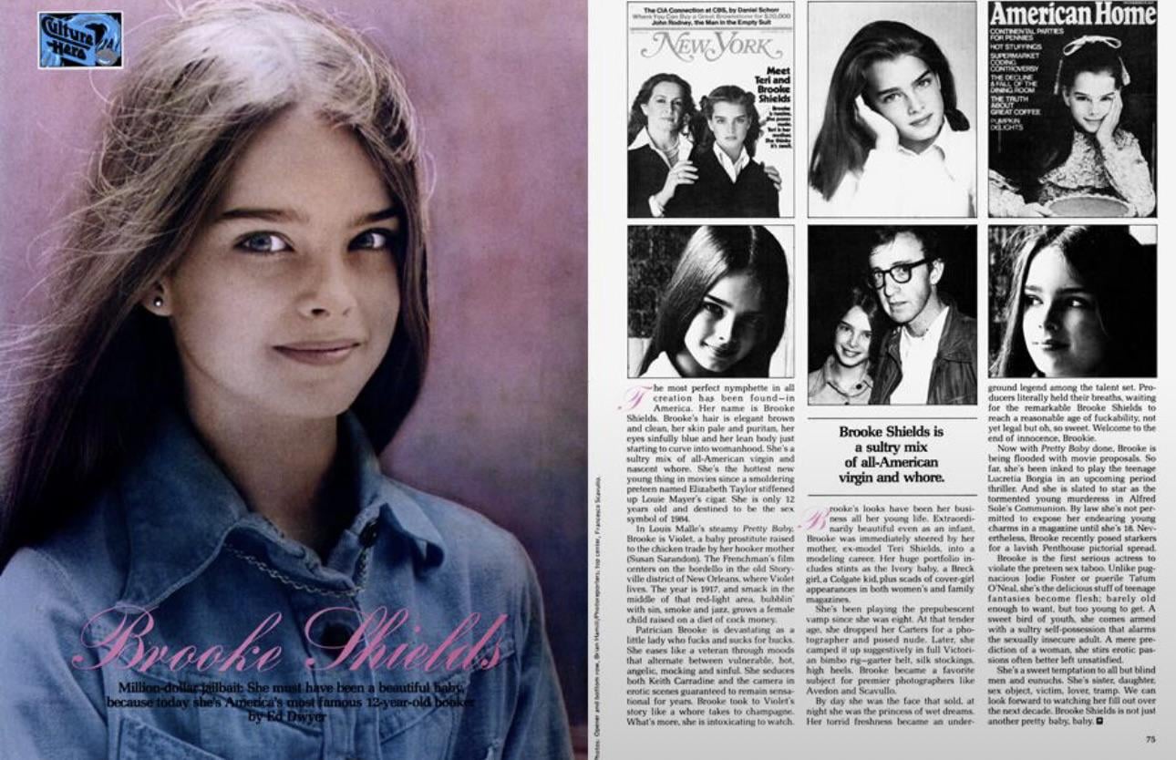 A magazine spread features a large color photo of a young Brooke Shields on the left, smiling, with text reading “Brooke Shields.” The right page displays black-and-white photos, articles, and clippings about her career.