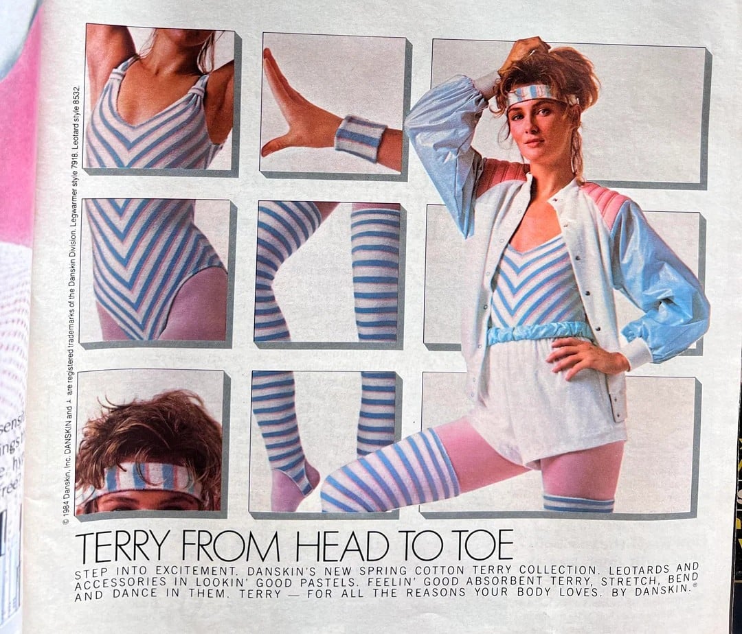 A woman models a pastel striped leotard, leg warmers, headband, and a light jacket. Six inset images show close-ups of her outfit and accessories in shades of blue, pink, and white. Text promotes a Terry cloth dancewear collection.
