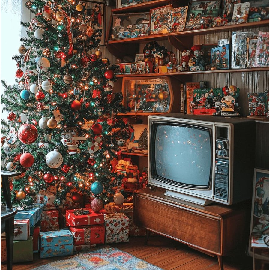 A decorated Christmas tree with lights and ornaments stands beside a vintage television displaying static. Wrapped gifts are under the tree. Shelves in the background hold toys, books, and holiday decorations.