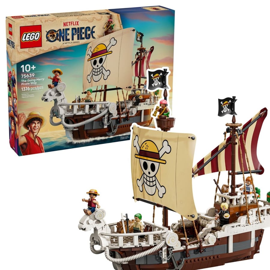 LEGO One Piece set featuring The Going Merry pirate ship with minifigures and a large sail displaying a skull and crossbones. The box shows the completed ship and characters from the anime.