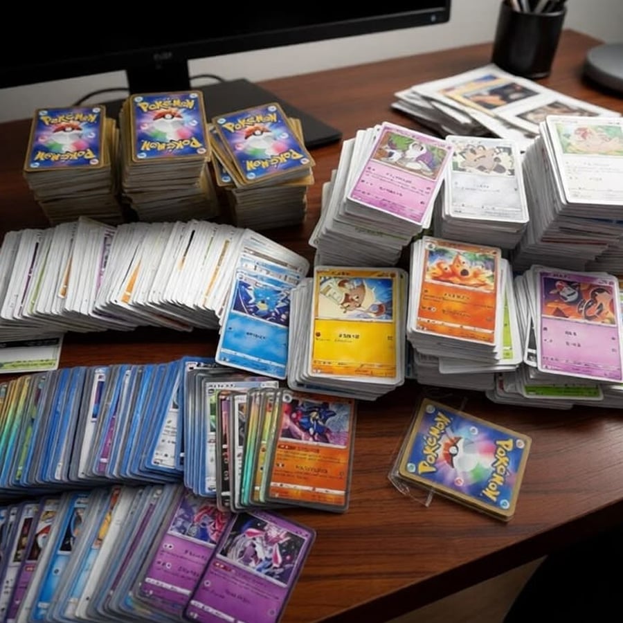 Stacks of assorted Pokémon trading cards are spread across a wooden desk, sorted by type and color, with a computer monitor and some pens visible in the background.