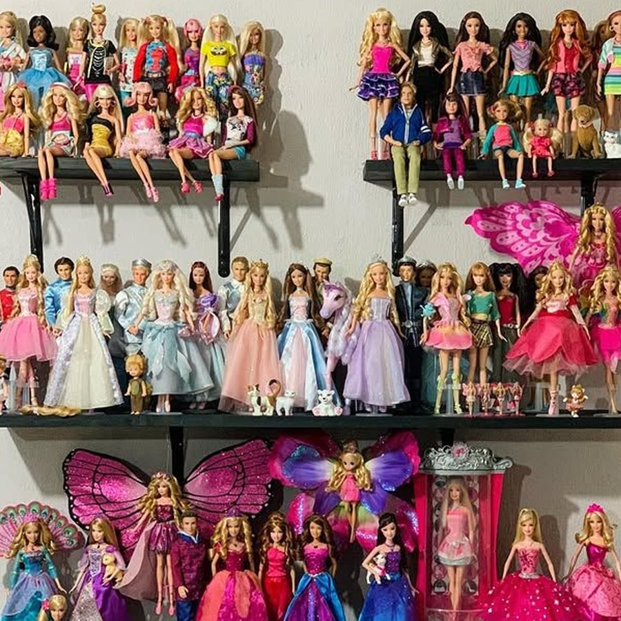 Shelves filled with a large collection of various Barbie dolls, including princesses, fairies, and dolls in different outfits, are neatly arranged and displayed against a light-colored wall.