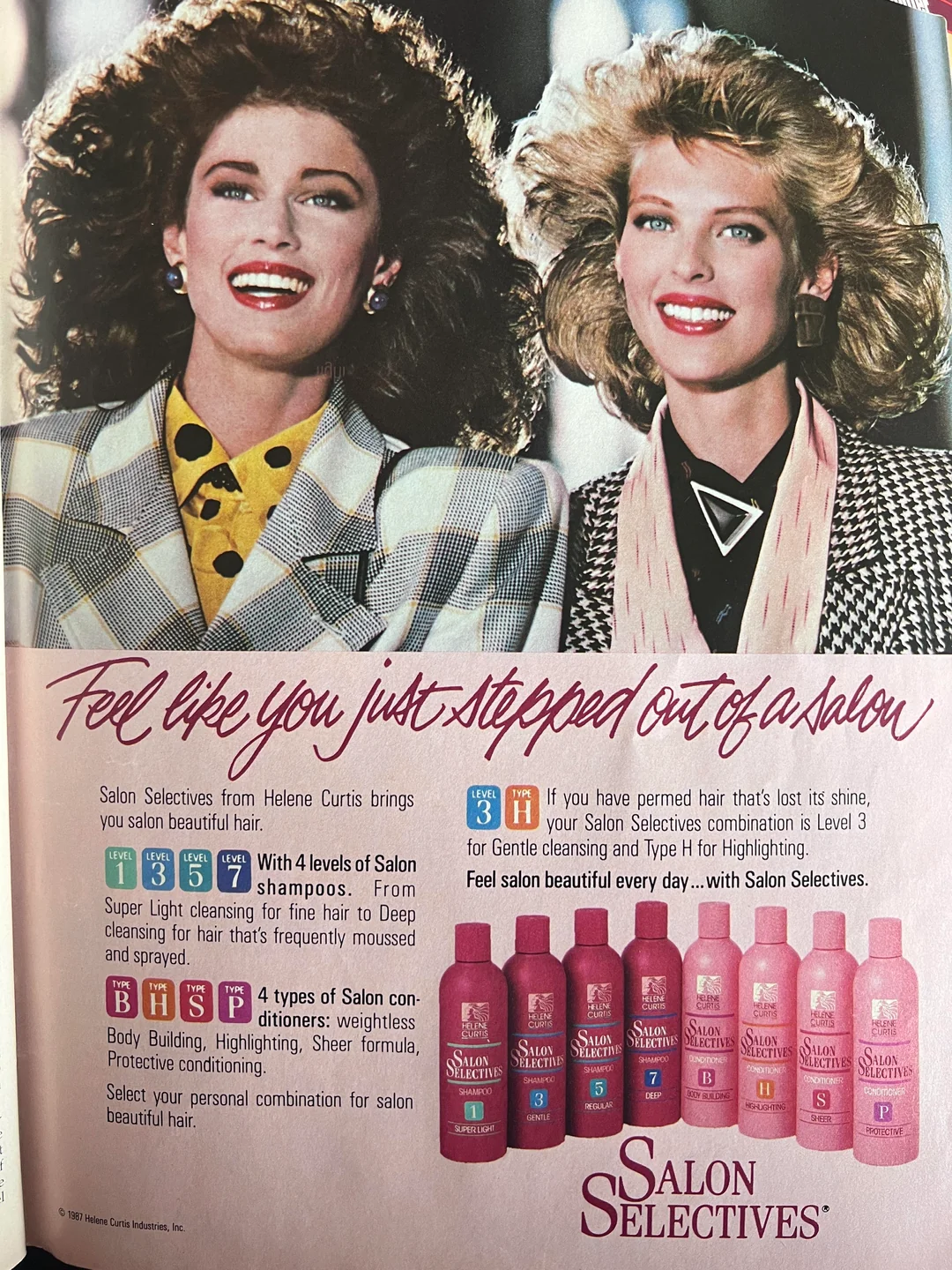 Two women with voluminous, styled hair smile while modeling 1980s fashion. Below them are pink Salon Selectives hair care bottles, with product descriptions and tips for highlighted or permed hair in the surrounding text.