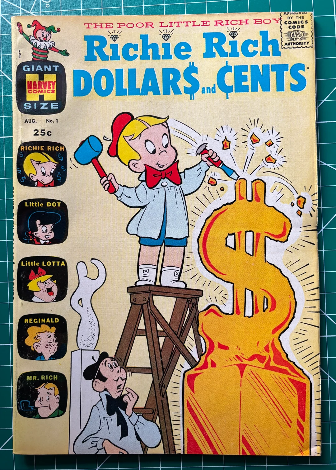 Richie Rich stands on a ladder using a mallet to sculpt a giant gold dollar sign. Other characters appear along the left side, with colorful comic-style art and bold title text reading "Richie Rich Dollar$ and Cent$.