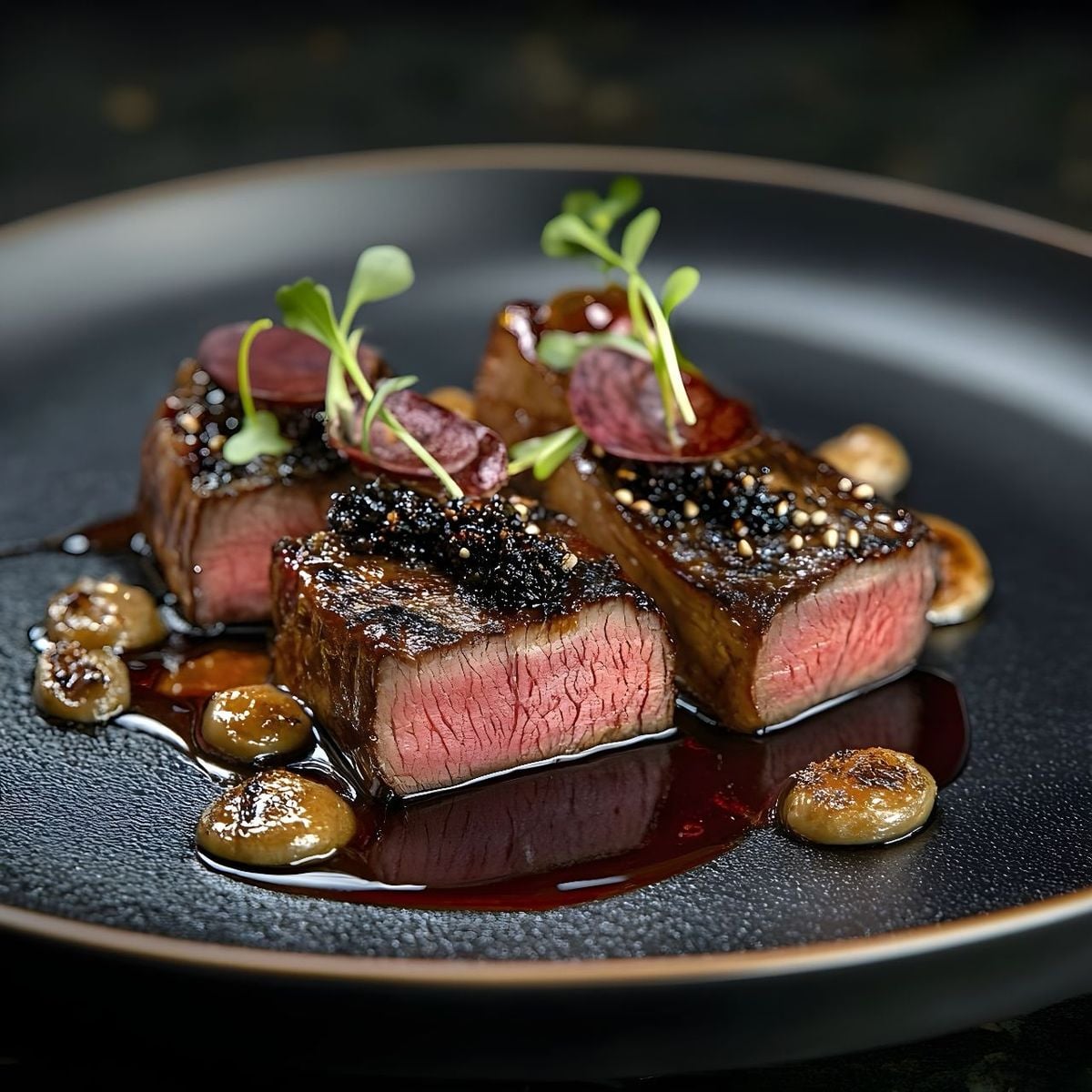 Three pieces of medium-rare steak garnished with microgreens and small round vegetables are arranged on a black plate, with a rich brown sauce artistically drizzled around them.