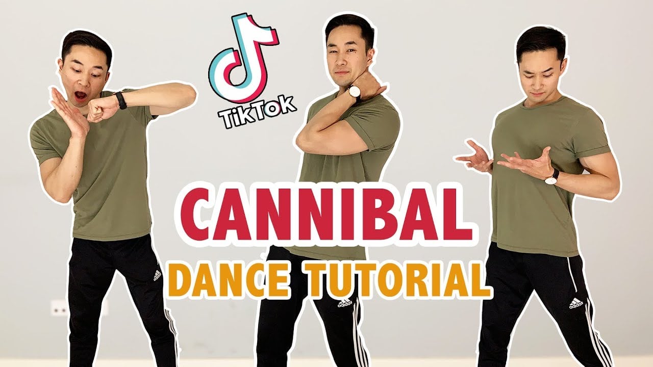 A man in an olive green shirt and black pants demonstrates dance moves in three poses. The text reads "TikTok Cannibal Dance Tutorial." The background is plain and light-colored.