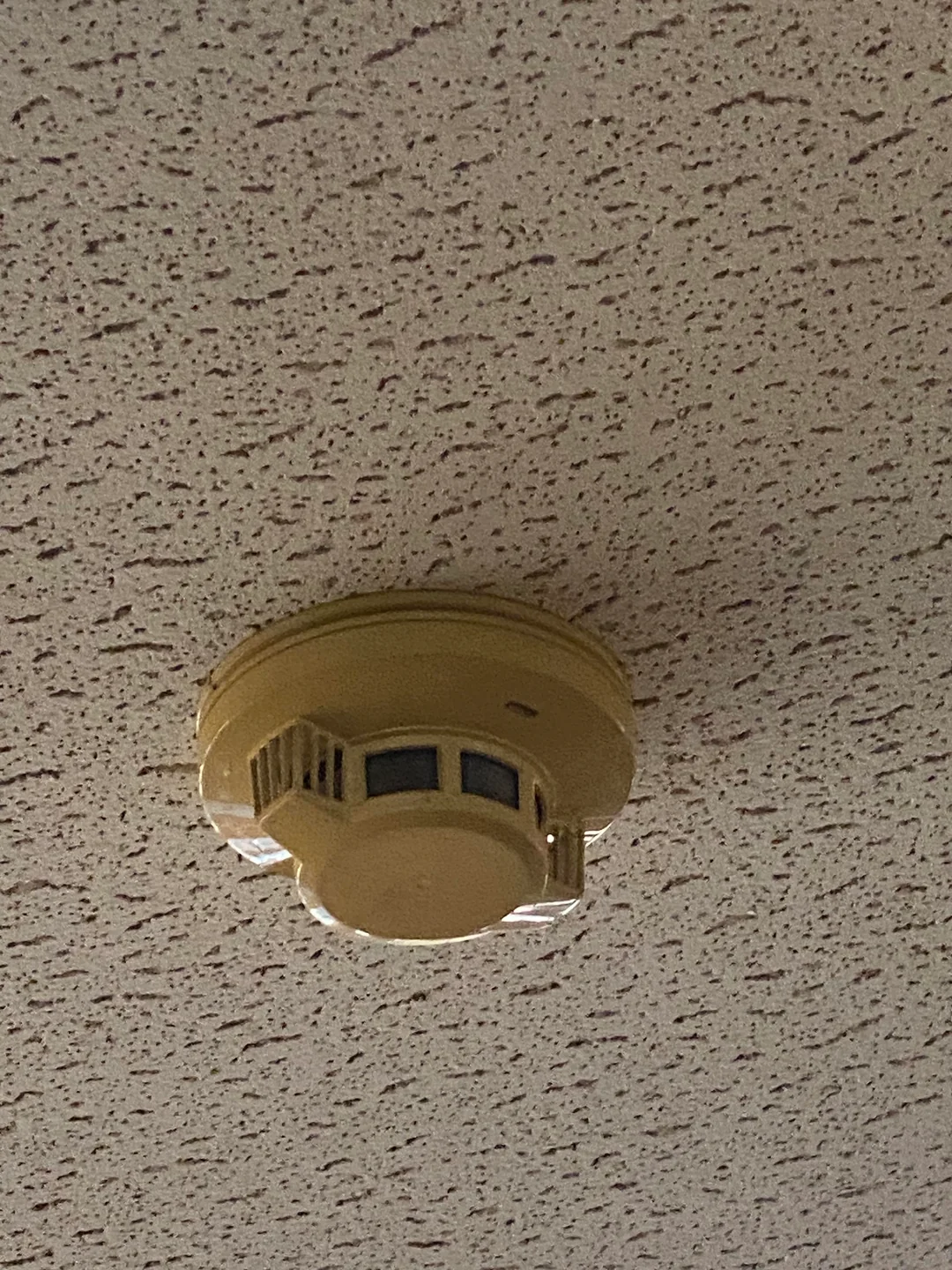 A smoke detector with a yellowed plastic casing is mounted on a speckled, off-white ceiling.