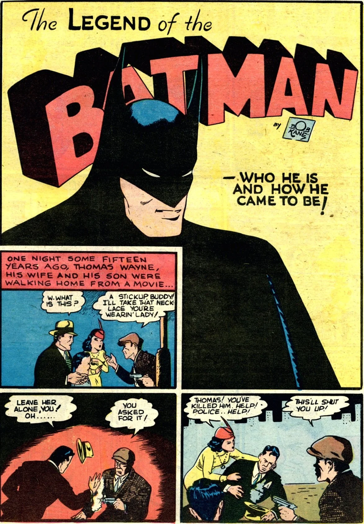 Comic book page titled "The Legend of the Batman" shows Batman’s face above scenes depicting the origin of Batman: a family is confronted by a criminal, who attacks them while a young boy looks on in shock.