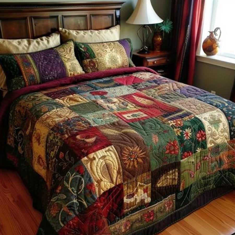A cozy bedroom with a wooden bed featuring a colorful patchwork quilt, displaying floral and geometric patterns, and matching pillows. A lamp and decorative vase sit on a bedside table next to a window with red curtains.
