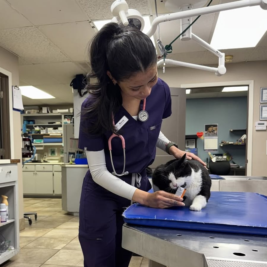 A veterinarian in purple scrubs gently holds a black and white cat on an exam table while reading a medication label in a veterinary clinic.