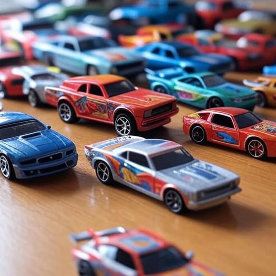 Several colorful toy cars are arranged closely together on a wooden surface, with red, blue, silver, and green cars featuring vibrant decals and racing stripes.