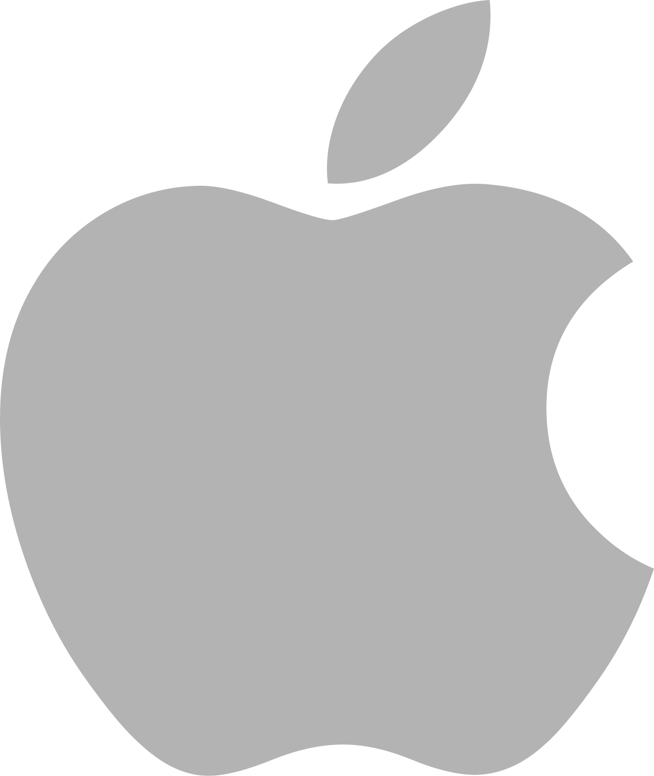 A large, gray Apple logo featuring a simple apple shape with a bite taken out of the right side and a detached leaf above.