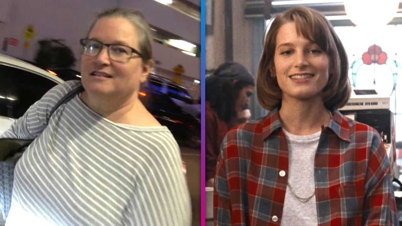 A split image shows a woman with glasses and gray hair in a striped shirt on the left, and on the right, a young woman with short brown hair in a red plaid shirt smiling indoors.