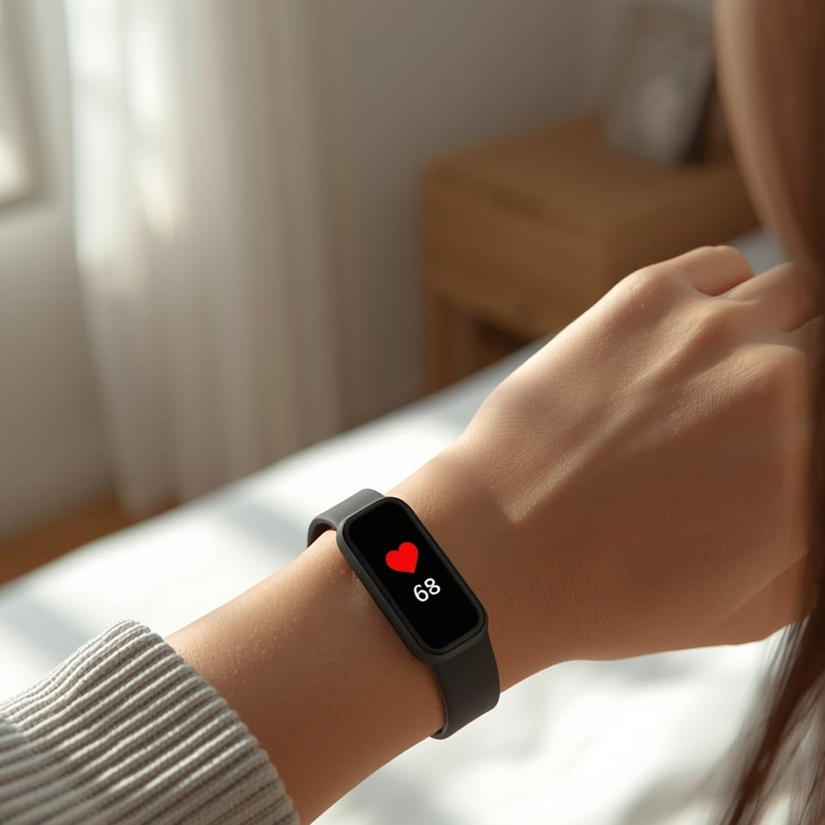 A person wearing a fitness tracker on their wrist shows a heart rate of 68, indicated by a red heart symbol on the device’s screen. The background includes a blurred room with a bed and a wooden nightstand.