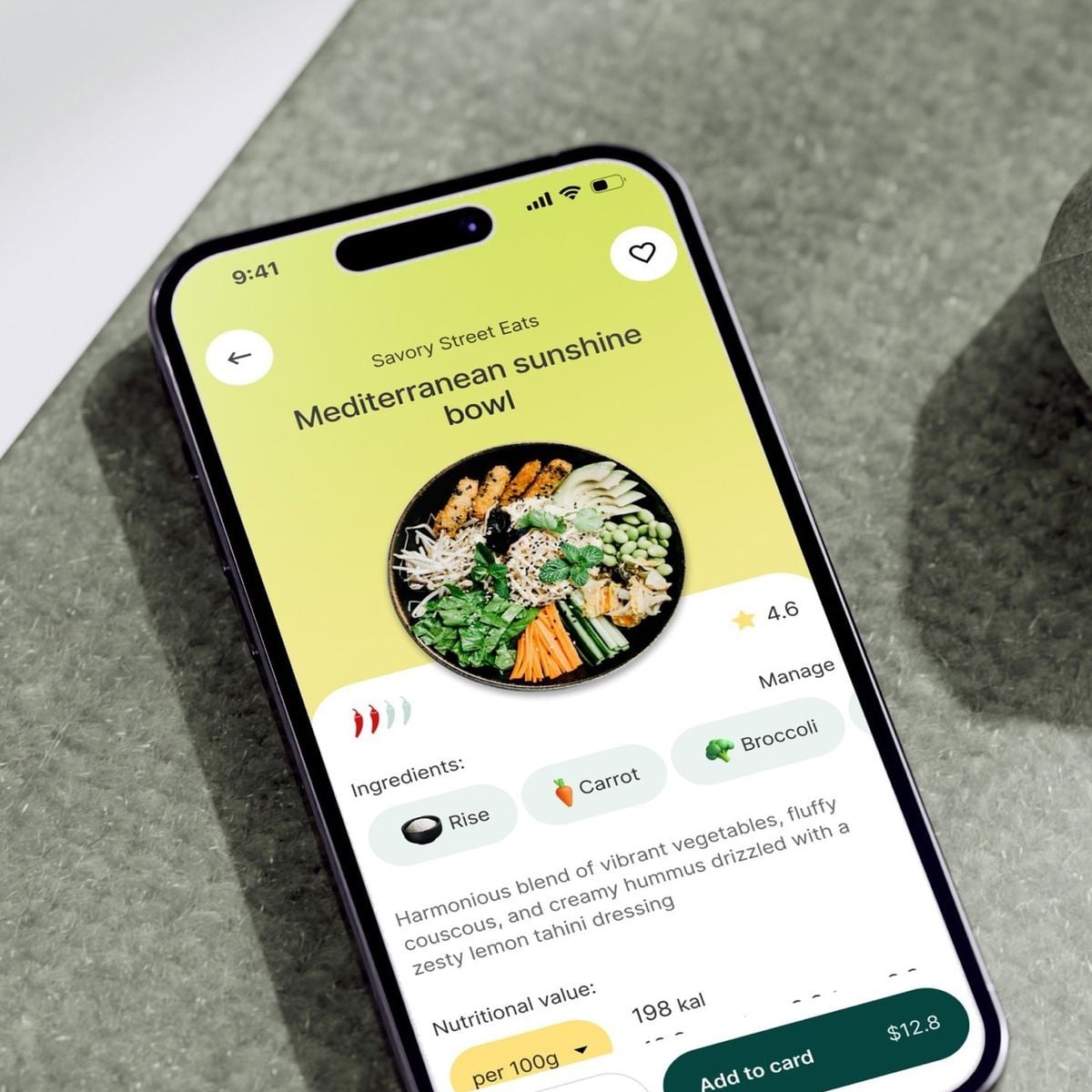 A smartphone screen displays a food delivery app showing a "Mediterranean sunshine bowl" with rice, carrots, and broccoli, a photo of the dish, a 4.6-star rating, and nutritional information.