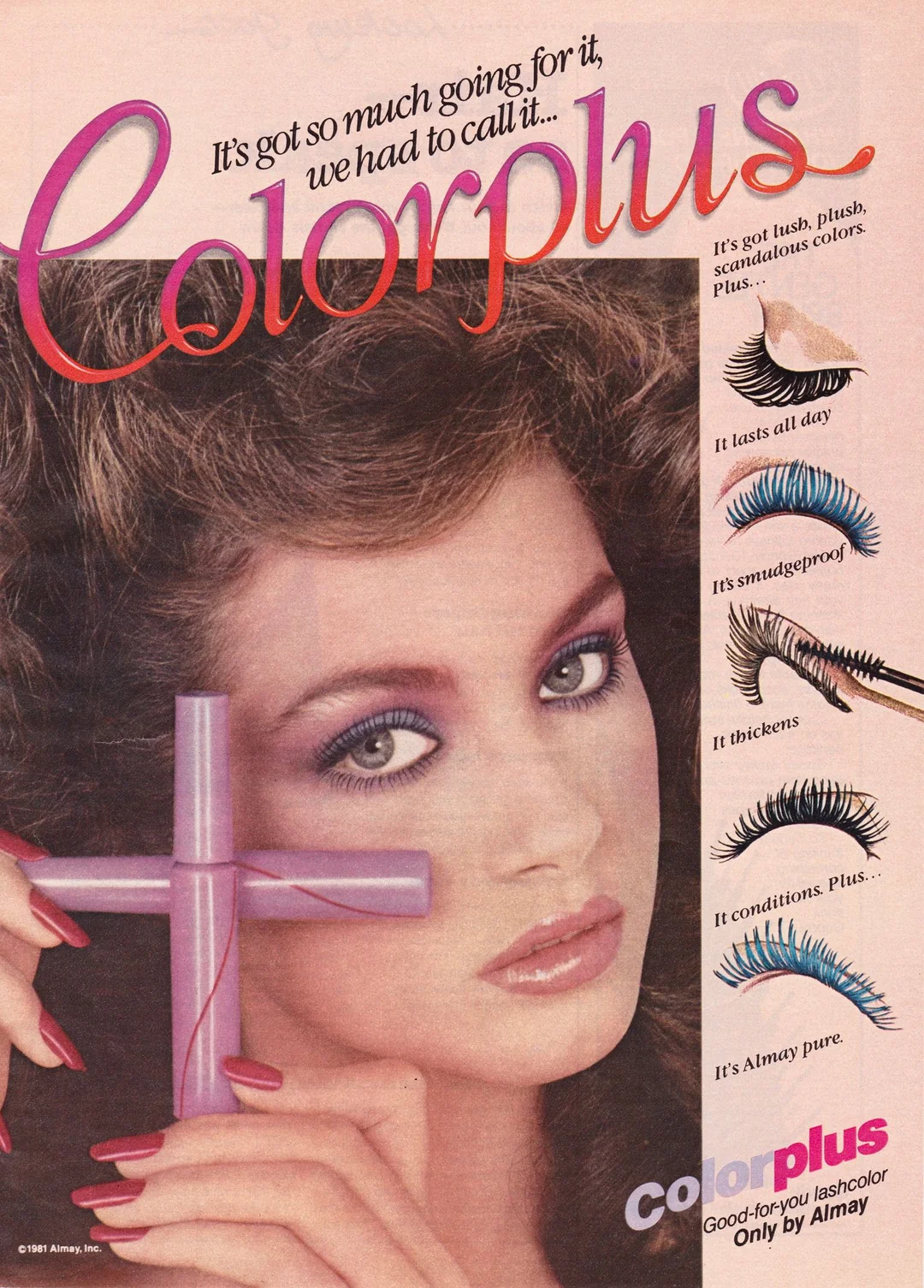 A woman with dramatic eye makeup holds a purple mascara wand. The ad highlights "Colorplus" mascara and features illustrations of blue mascara on lashes, promoting benefits like lasting wear, smudge-proof, and conditioning.